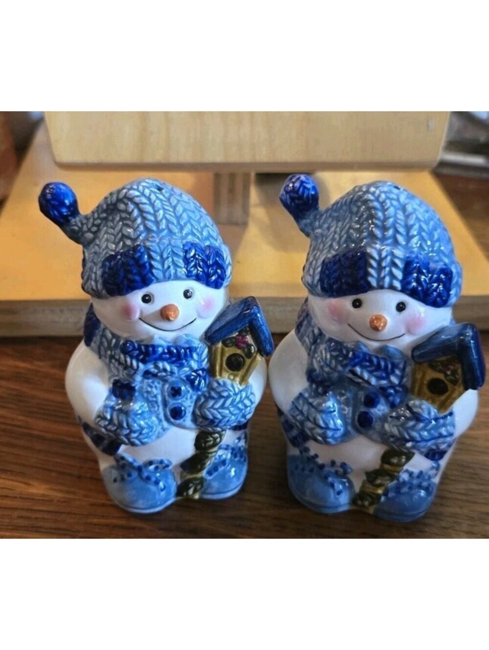 Vintage Cerami Snowmen Salt and Pepper Shakers with Blue and Striped Scarfs 3.5"